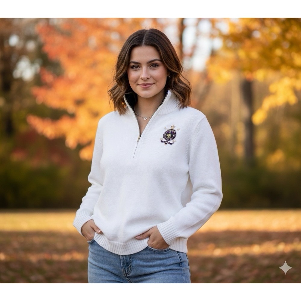 Lauren Ralph Lauren Women's 1X Crest Quarter-Zip Cotton Sweater White